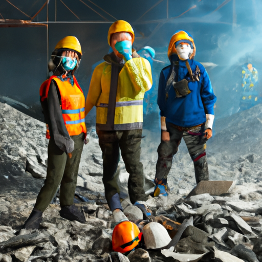 קבוצת עובדים בציוד בטיחות ובמסכות, עומדת מול ערימת פסולת בטון
