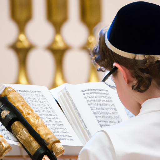 נער צעיר קורא בתורה במהלך טקס בר המצווה שלו