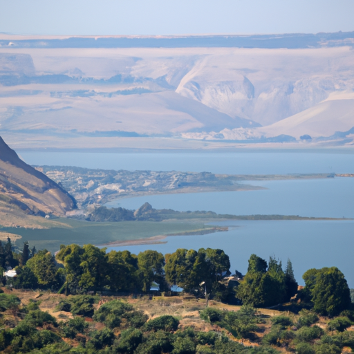 1. A panoramic view of the Sea of Galilee surrounded by lush, green hills.